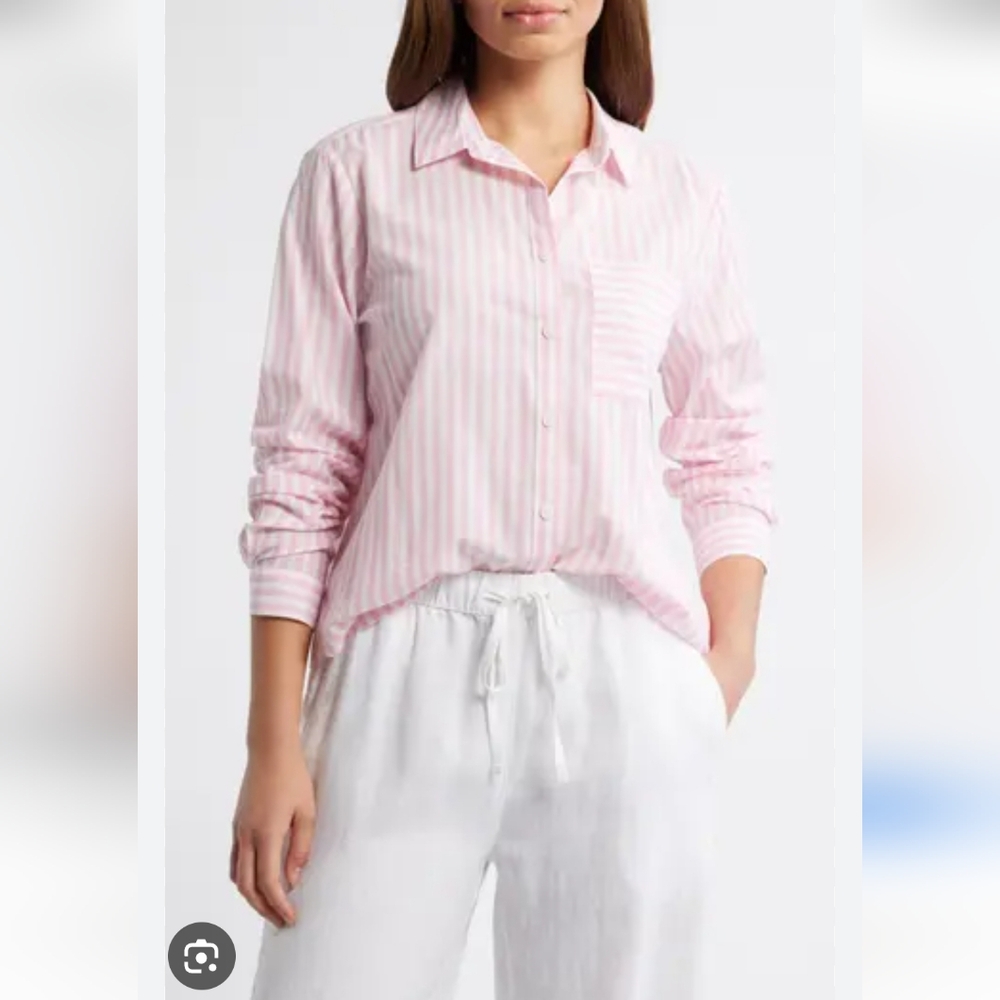 Beach Lunch Lounge Pink White Striped Button Down Shirt Coastal Cottagecore